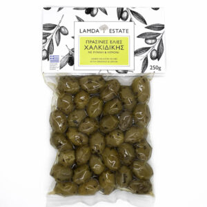 LAMDA ESTATE grüne Oliven aus Halkidiki  mit Oregano und Zitrone vakuumiert 250g